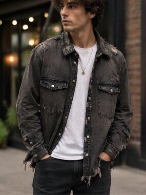 Zara, Distressed Denim Shirt Jacket Black Acid Wash, Men’s XL Overshirt